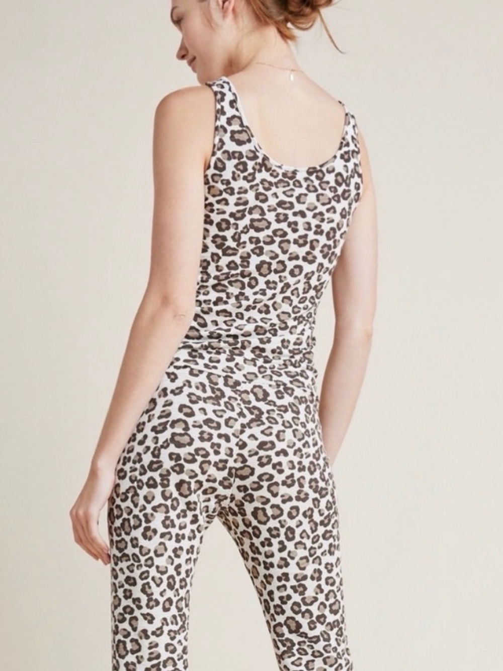 Monrow brand Leopard-Print Sleeveless Jumpsuit stretchy comfy drawstring waist